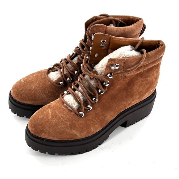 Marc Fisher Nairy Hiking Boots 8 Suede NWOT Tan Ankle Booties Combat Moto Sherpa - Picture 9 of 9